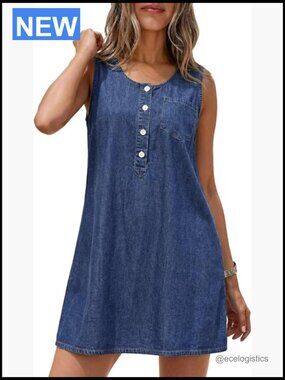 Sleeveless Denim Dress Crewneck Button Front Loose Fit Vintage Summer Casual
